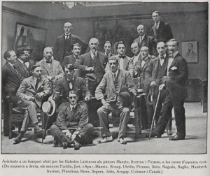 Photo of Picasso with Basque painters Iturrino and Gustavo de Maeztu in Barcelona 1917 at Galerías Layetanas